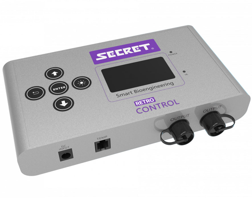 Angled view of the SecretLED Lighting Retro Control showing display screen, control buttons, and dual output ports.