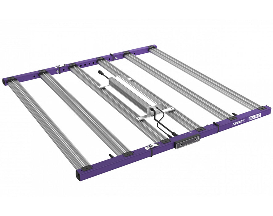 Angled top view of the SecretLED SL-760 LED Grow Light showcasing aluminum frame and central power supply

