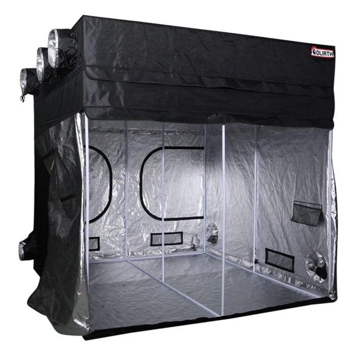 Goliath Grow Tent 8x8 with open front flaps, showing large reflective interior and multiple ducting ports.