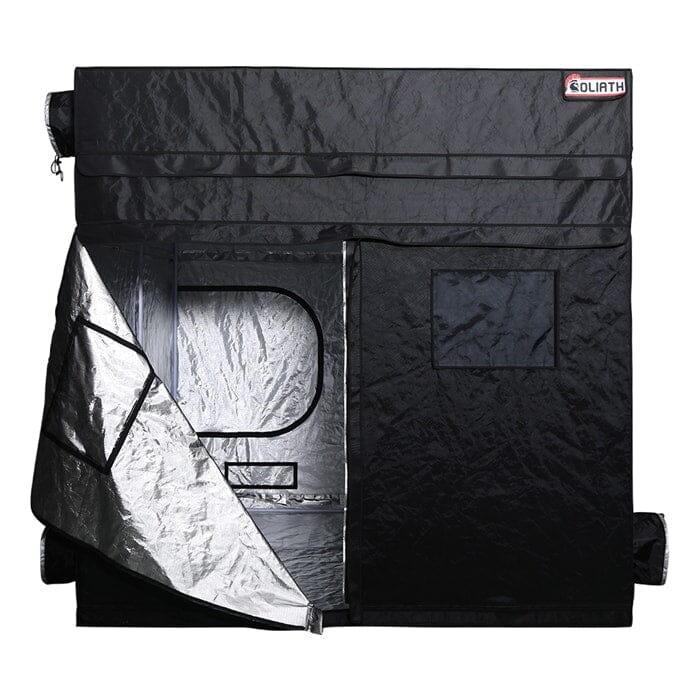 Front view of the Goliath Grow Tent 8x8 with one door open and Easy-View window displayed.