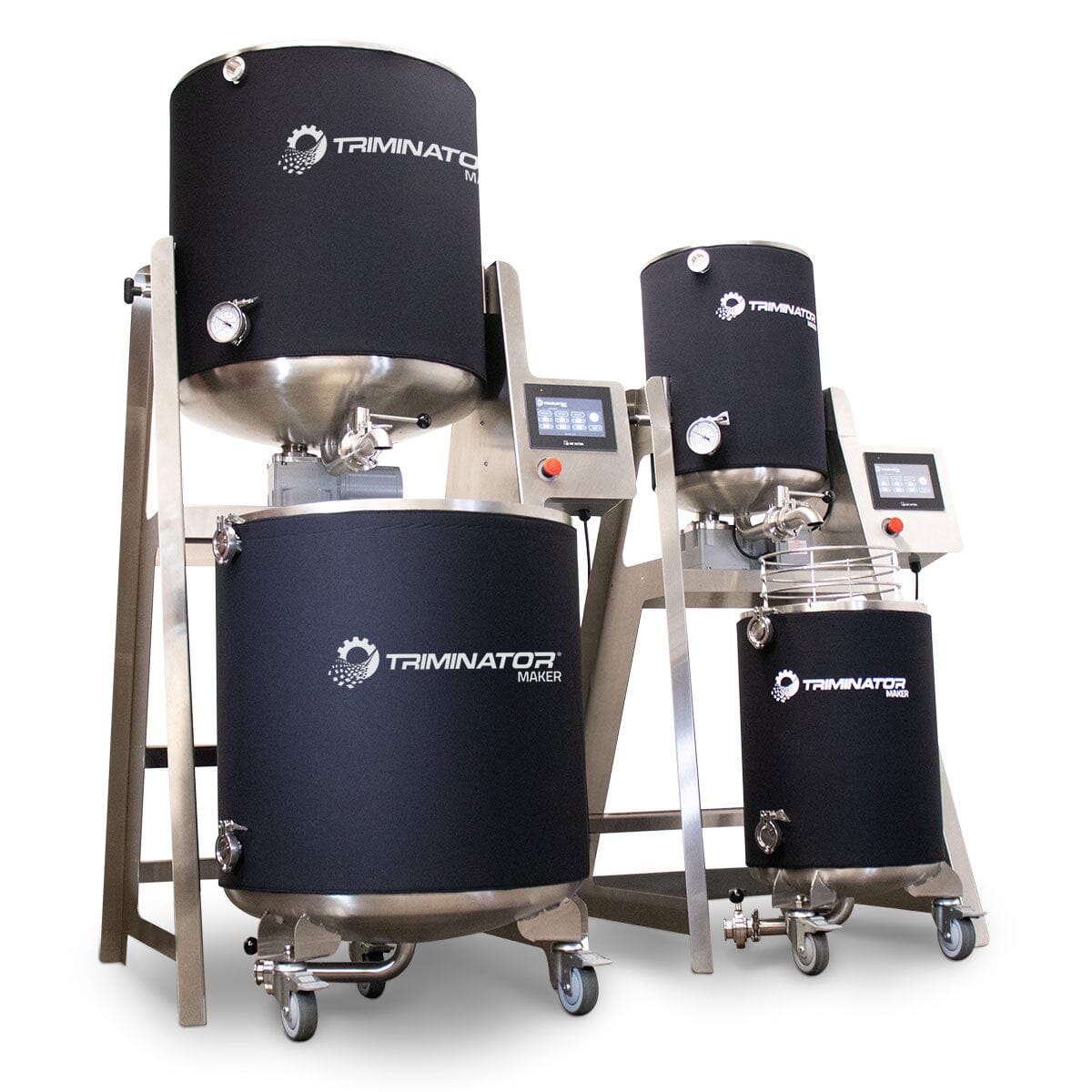 Triminator Maker series showing large and small mixing units with pressure gauges