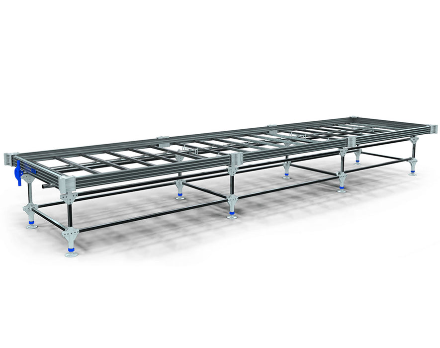 Wachsen rolling bench with a galvanized tray and adjustable support legs, designed for efficient plant cultivation and easy movement in commercial setups.