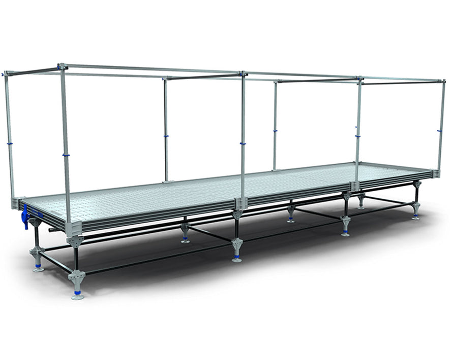 Wachsen rolling bench with an adjustable galvanized tray and support legs, allowing for flexible height adjustments to suit different grow setups.