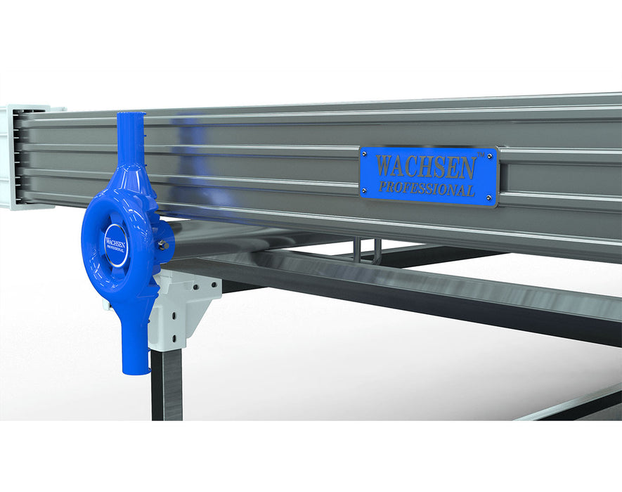 Side view of Wachsen rolling bench, showcasing the galvanized tray, support legs, and sturdy frame for optimal plant growing in industrial environments.