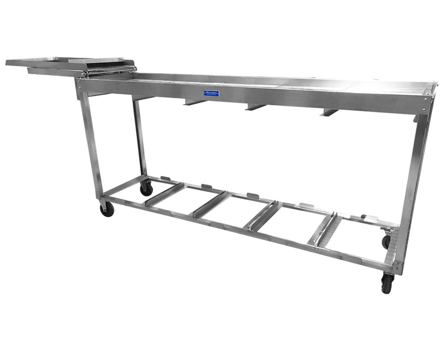 Side view of Wachsen SS304 Bud Sorter & DB-6 Bucker Bundle, displaying the frame, sorting bins, and extended conveyor for sorting cannabis buds.