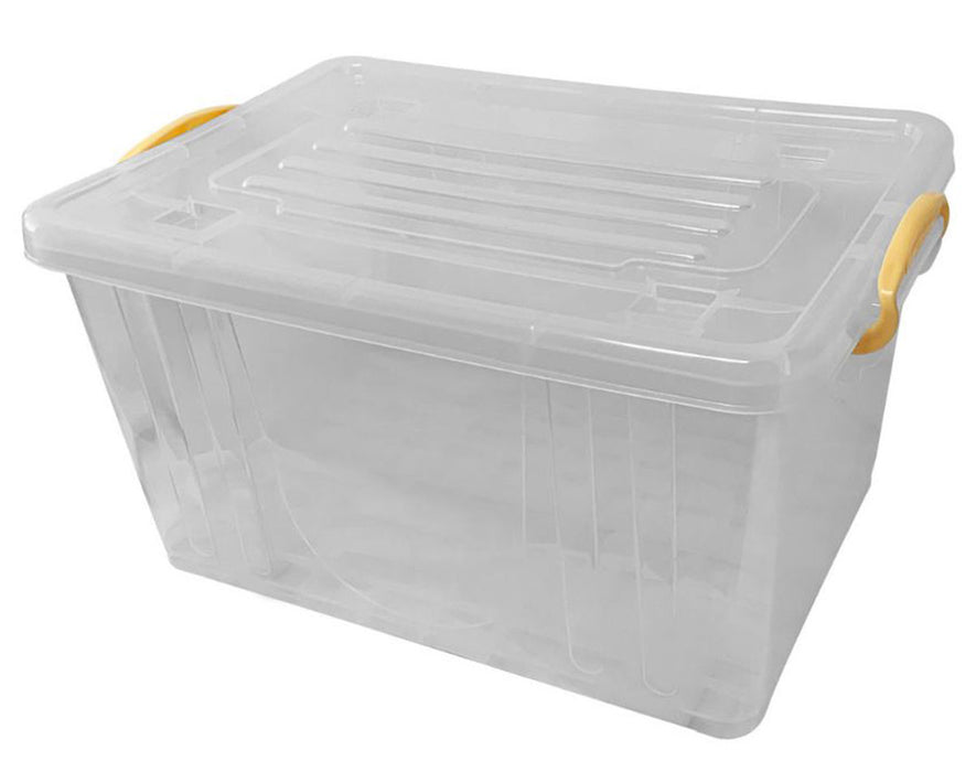 Clear plastic bin from Wachsen SS304 Bud Sorter, featuring a black handle and lid for sorting and storing buds, part of the sorting system.