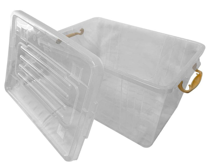 Clear plastic storage bin of Wachsen SS304 DB-6 Bucker with a white lid on a white background.