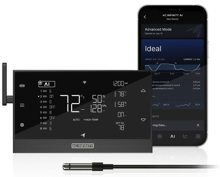 AC Infinity CONTROLLER AI+ unit with attached probe, shown next to smartphone app interface displaying real-time climate data and automation settings.