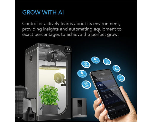 AC Infinity grow tent setup alongside a smartphone running the app, with visual indicators of automated control levels for light, humidity, CO₂, fan speed, and temperature.