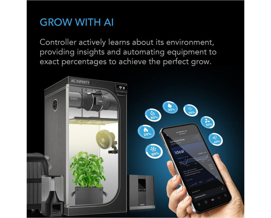 AC Infinity grow tent setup alongside a smartphone running the app, with visual indicators of automated control levels for light, humidity, CO₂, fan speed, and temperature.