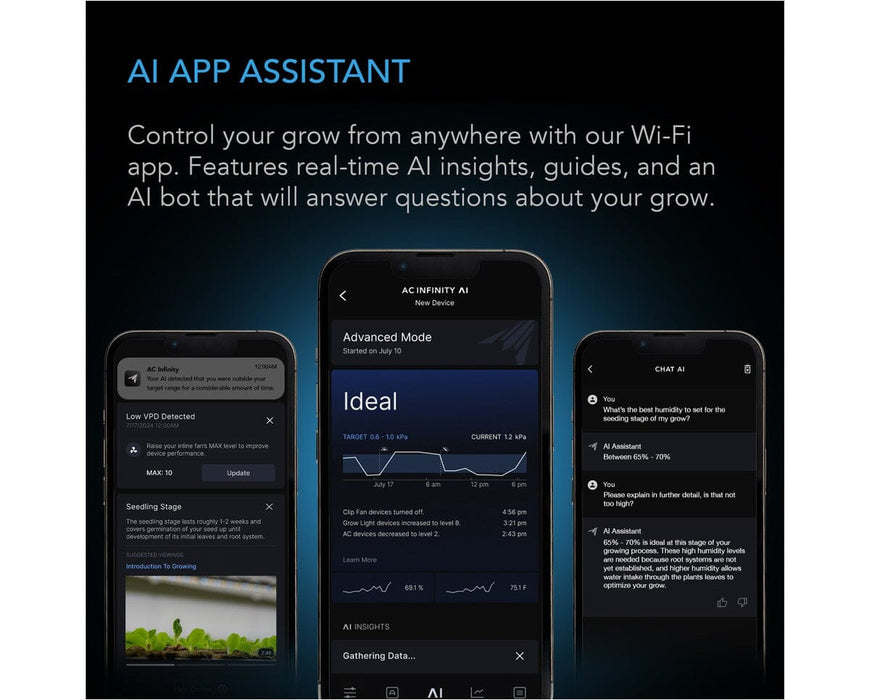 Mobile interface of the AC Infinity app displaying AI-driven real-time grow data, insights, and a chat assistant that provides advice and answers grow-related questions.