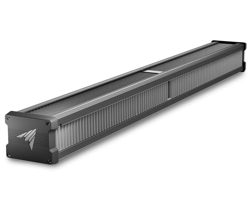 Angled product view of the AC Infinity IONFRAME A7 700W full spectrum LED grow light featuring a slim aluminum heatsink and commercial grade bar light design.