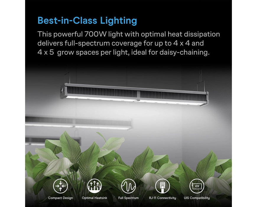 Promotional graphic of the AC Infinity IONFRAME A7 700W full spectrum LED grow light illuminating a 4x5 indoor grow canopy with icons for compact design, heatsink cooling, RJ11 connectivity, and UIS compatibility.