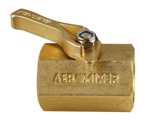 Close-up of Aeromixer corrosion-resistant brass ball valve with engraved branding and precision control lever.