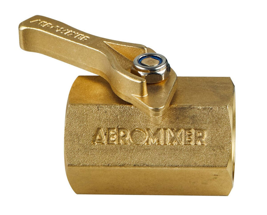 Close-up of Aeromixer corrosion-resistant brass ball valve with engraved branding and precision control lever.