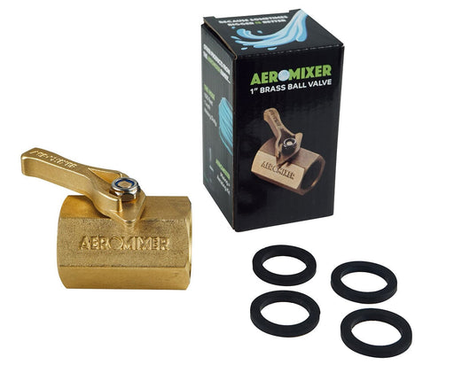 Retail packaging for Aeromixer 1” Brass Ball Valve, compatible with THE HOSE and other 1-inch garden hose systems.