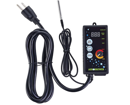 Aerobrewer unit with attached power cord and temperature probe, designed to regulate mixing speed and nutrient warmth.
