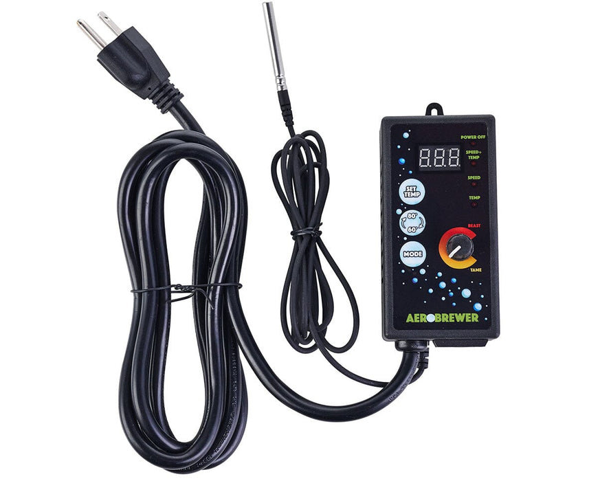 Aerobrewer unit with attached power cord and temperature probe, designed to regulate mixing speed and nutrient warmth.