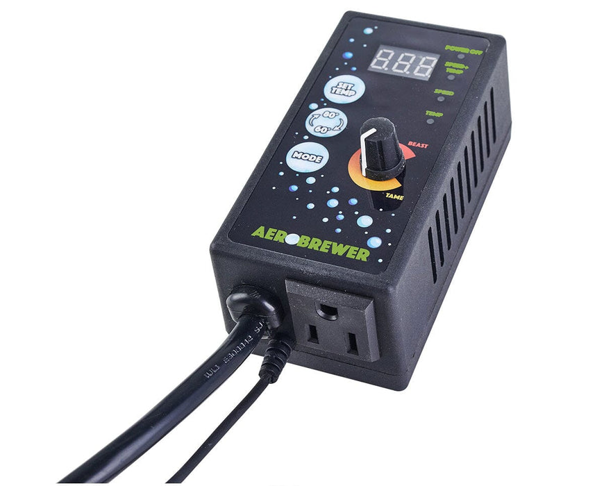 Angled close-up of Aerobrewer with power outlet, side venting, and labeled control interface for temperature and speed.