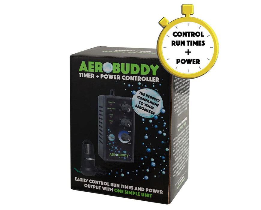 Retail packaging of Aerobuddy Timer and Power Controller with stopwatch graphic emphasizing control over run times and power.