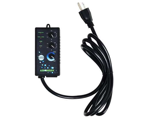 Top view of Aerobuddy controller with three dials for speed, timer, and mode selection, attached to a coiled power cord with plug.