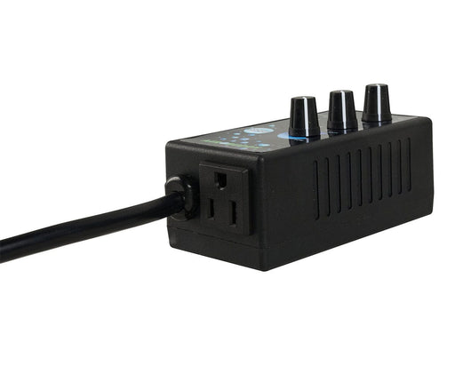 Close-up of Aerobuddy Timer + Power Controller showing side outlet, durable black casing, and control knobs for custom settings.