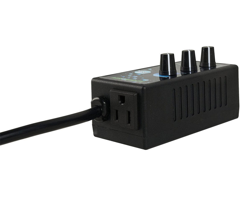 Close-up of Aerobuddy Timer + Power Controller showing side outlet, durable black casing, and control knobs for custom settings.