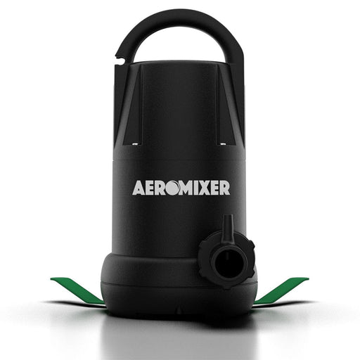 Front-facing Aeromixer pump with Aerojet discharge nozzle and wide green stabilizing legs for tank use.