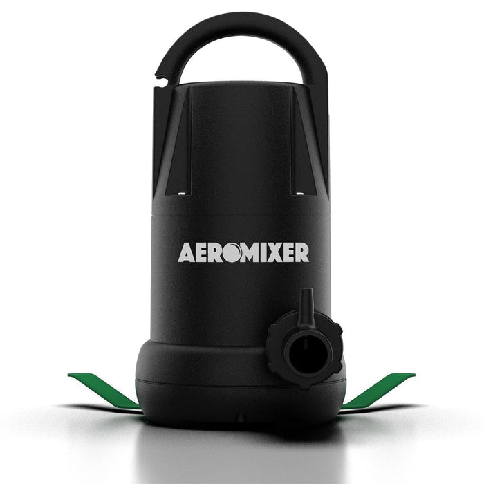 Front-facing Aeromixer pump with Aerojet discharge nozzle and wide green stabilizing legs for tank use.