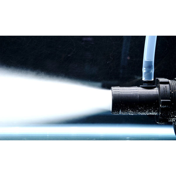 Close-up of Aeromixer in use, jetting out a strong water stream, demonstrating the pump's powerful aeration performance.