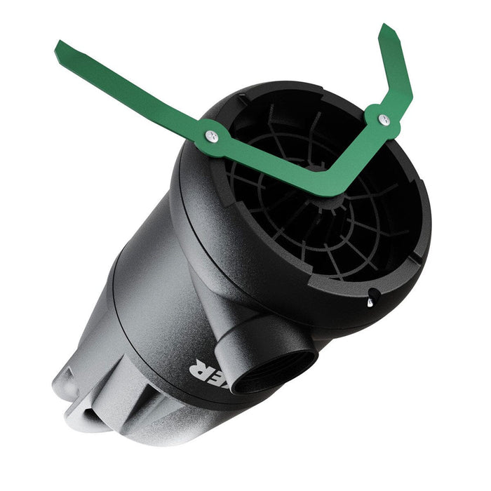Angled view of Aeromixer pump underside with green stabilizing fins and open intake design for nutrient-rich mixing.