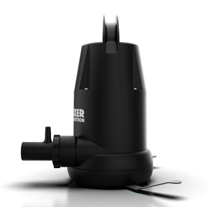 Side view of Aeromixer Synthetic Pro pump featuring discharge outlet, handle, and rustproof stabilizing fins.