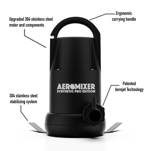 Aeromixer Synthetic Pro pump with labels highlighting stainless steel build, Aerojet tech, and ergonomic handle.