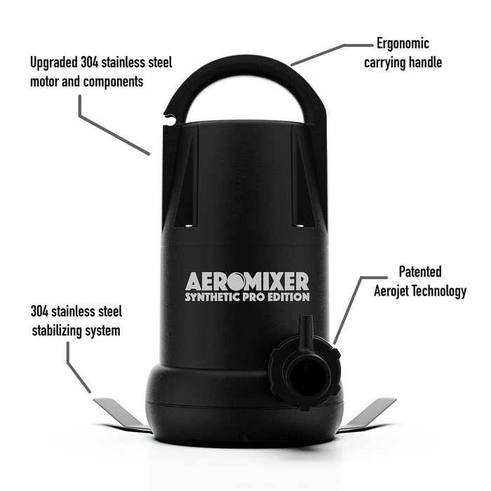 Aeromixer Synthetic Pro pump with labels highlighting stainless steel build, Aerojet tech, and ergonomic handle.
