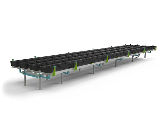 Reverse angled side view of the Botanicare Slide Bench highlighting its full length and symmetrical tray layout. The bench system appears extended, emphasizing its modular length configuration.