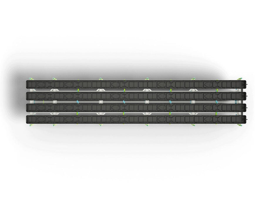 Top-down view of the Botanicare Slide Bench system showing five black grow trays in parallel rows on a modular steel frame. This perspective highlights the system's symmetry and efficient use of space.