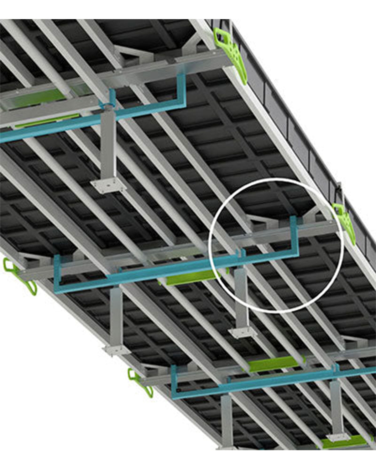 Underside view of the Botanicare Slide Bench system showing the structural framework, including crossbars, support legs, and glide mechanisms. A circle highlights the reinforced roller connectors.