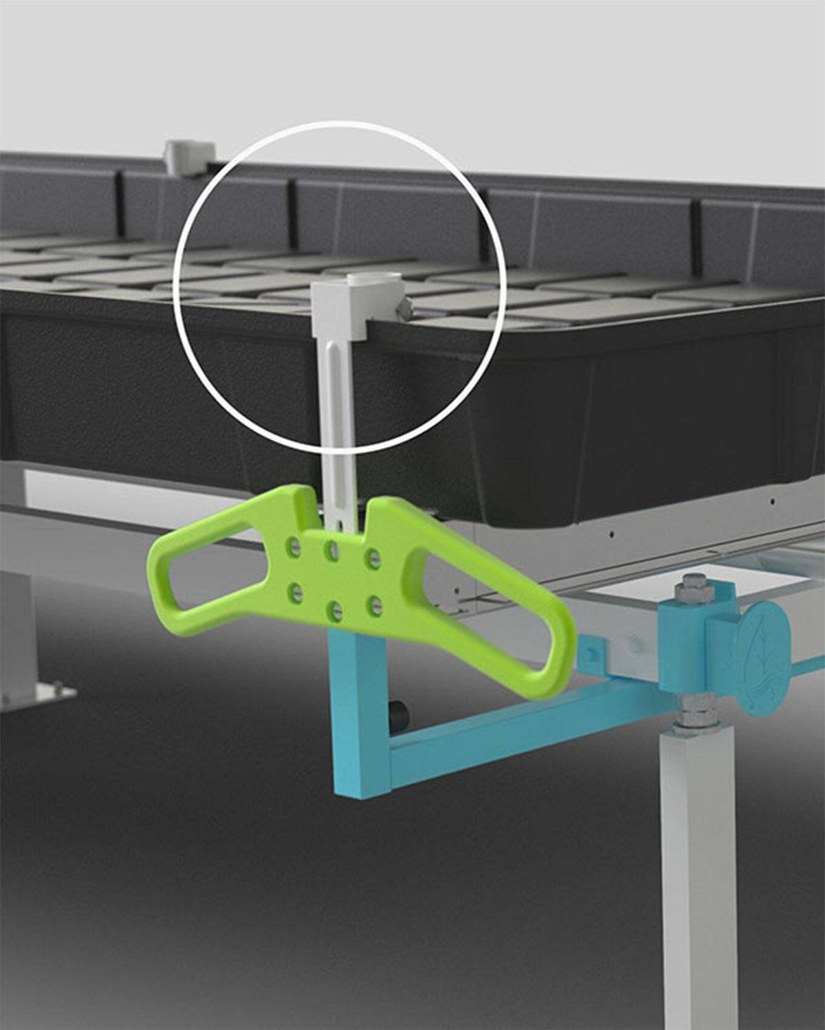 Close-up of the green slide handle and tray lock mechanism with a callout circle focusing on the tray alignment and securing hardware. The handle allows for easy side-to-side bench movement.
