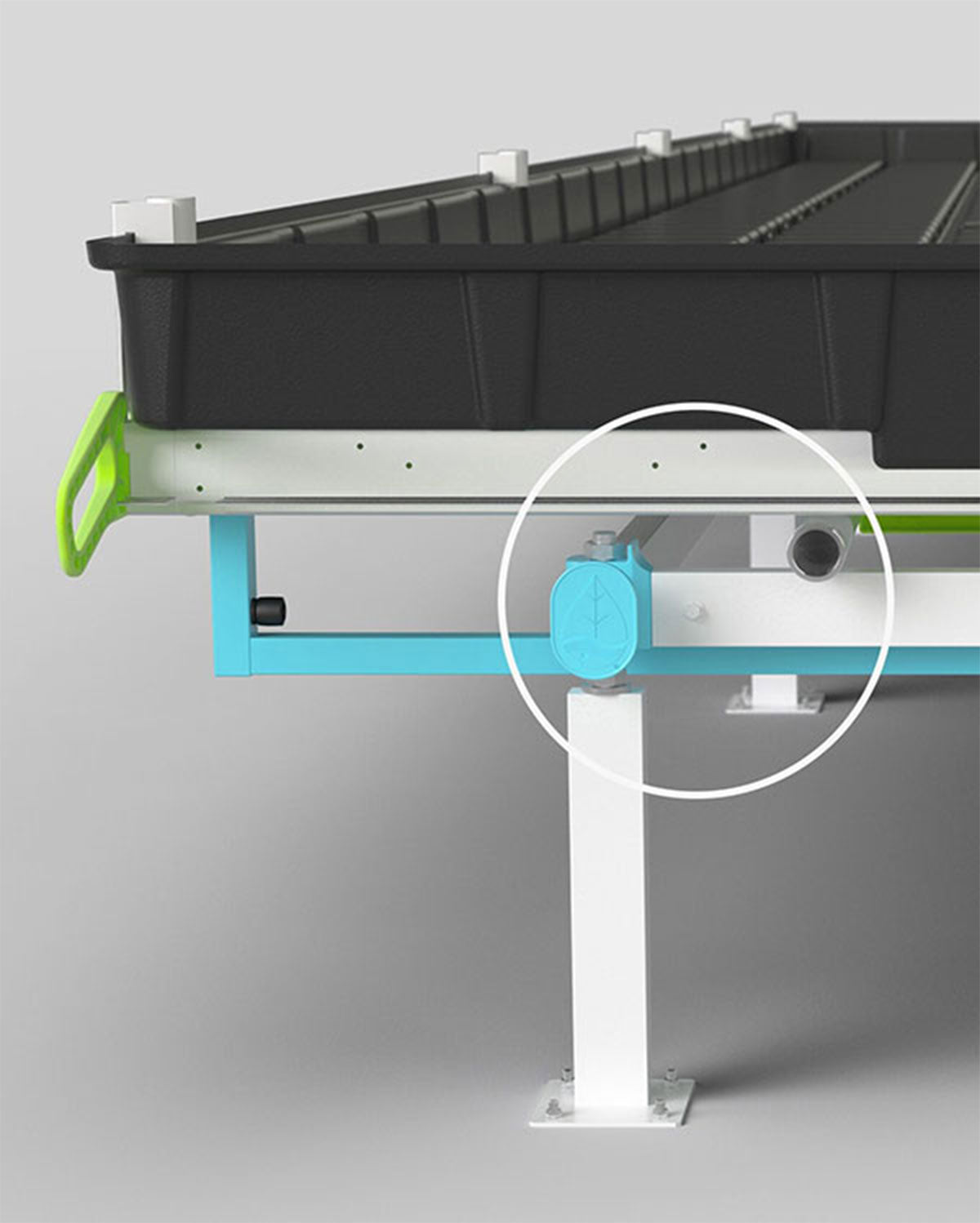 Close-up of the Slide Bench leg and height-adjustable support system with a circular callout around the adjustment knob. A blue frame and white base illustrate the built-in slope and height customization feature.