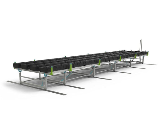 Angled side view of the Botanicare Track Bench System with black trays and green handles on steel sliding rails.