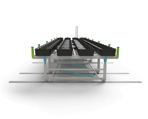 Front view of the Botanicare Track Bench showing multiple grow trays aligned across a dual-rail base system.