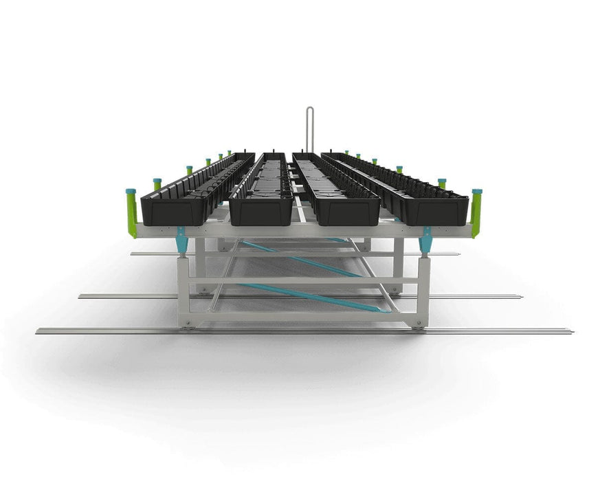 Front view of the Botanicare Track Bench showing multiple grow trays aligned across a dual-rail base system.