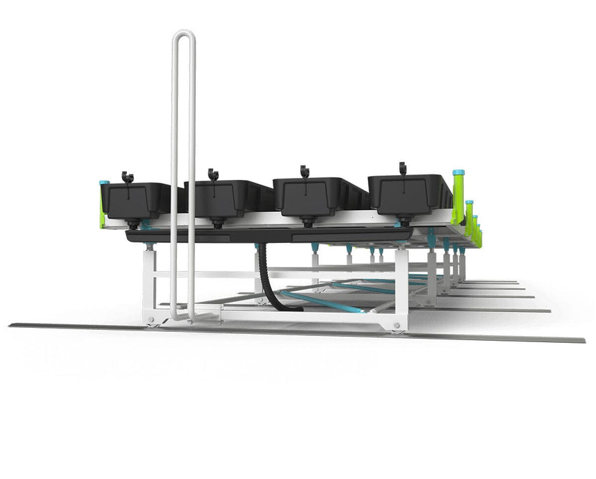 End view of the bench system highlighting ergonomic push handle, tray bases, and irrigation tube connections.