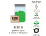 Boveda size 8 humidity control pack shown preserving 28g of bud with chart of other sizes up to 5 lbs capacity.