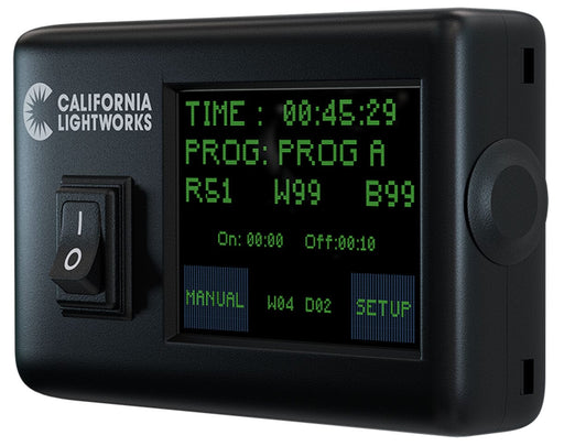 Angled close-up of the California LightWorks SolarSystem Controller screen with program status and spectrum values for red, white, and blue channels.