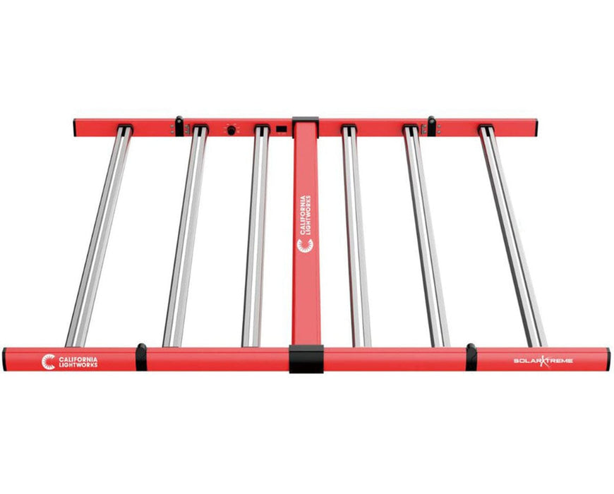 California Lightworks SolarXtreme 640 LED grow light front view displaying six-bar structure and high-intensity full spectrum output for indoor plant setups.