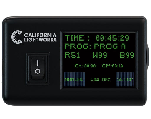 Front view of the California Lightworks SolarXtreme Controller with illuminated LCD display, on/off switch, and setup interface for programming light cycles.
