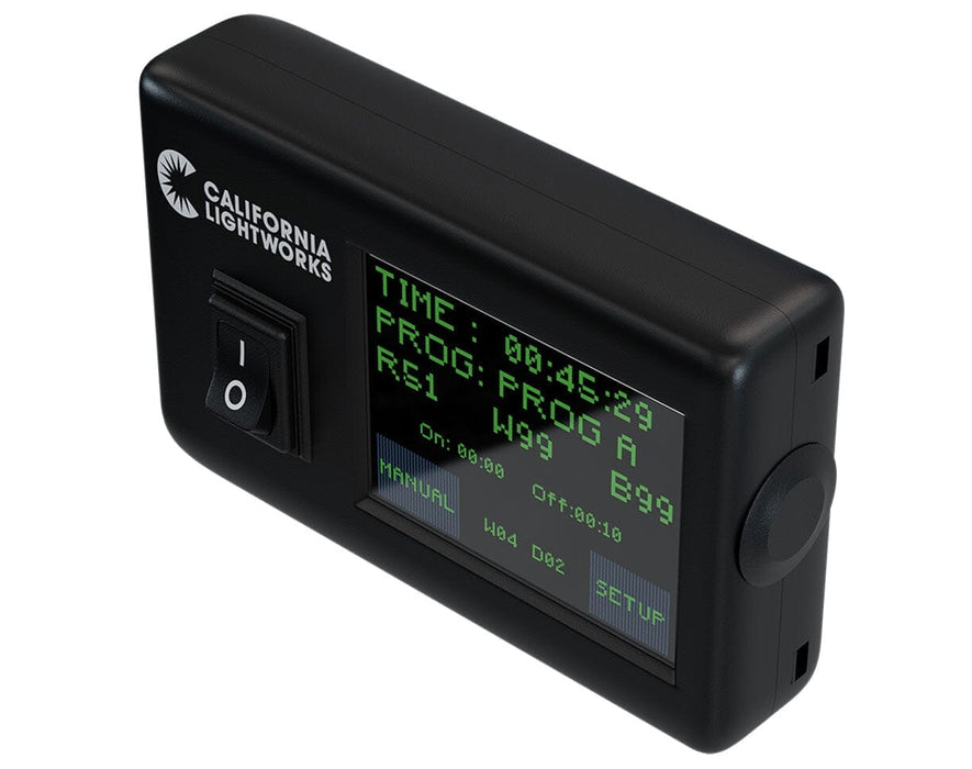 Angled view of the SolarXtreme Controller with digital screen showing programmable settings, power switch, and California Lightworks branding.