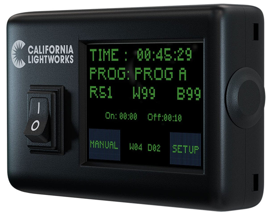 Close-up of the SolarXtreme Controller display showing active program data and dimming levels, with a tactile adjustment knob on the right.