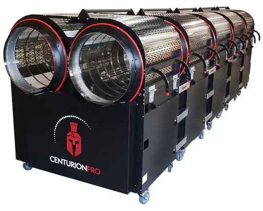 Front angle view of the CenturionPro XL 10.0 trimmer, showing multiple tumblers for high-volume wet and dry bud trimming.